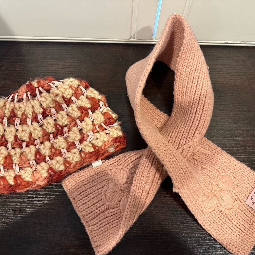 Handmade Rose and Cream Knit Scarf and Hat Set